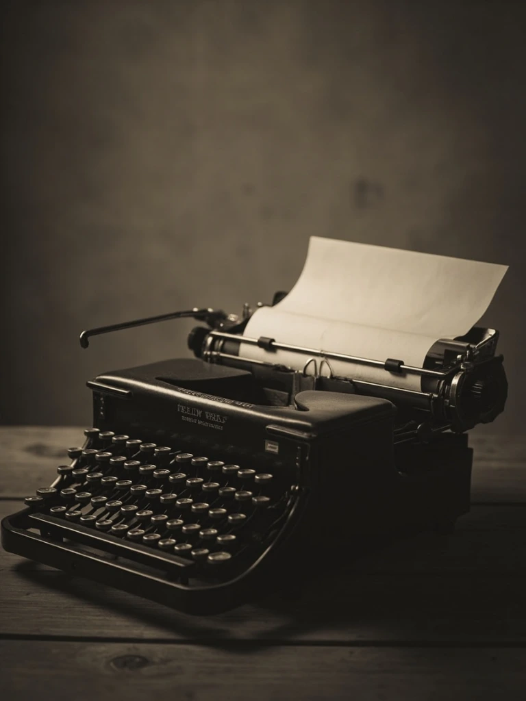 Typewriter with a manuscript page, sepia-toned documentary photograph
